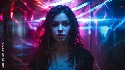 smart attractive stylish female woman confident feeling Portrait of young woman under neon light ,ai generate
