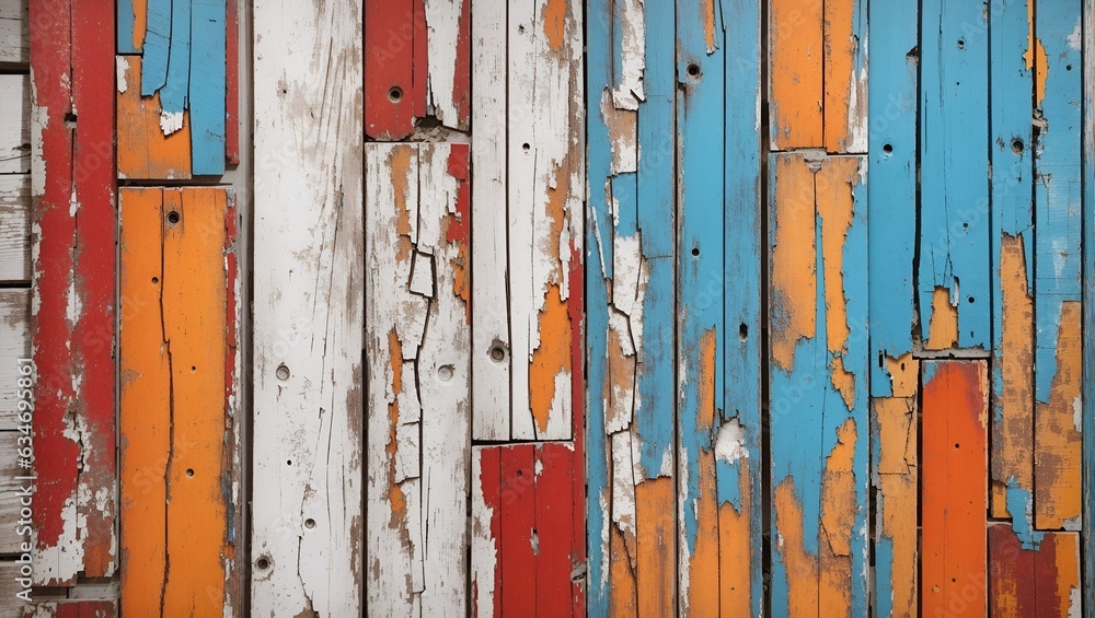 old wooden fence, Texture of vintage wood boards with cracked paint of white, red, orange, yellow, cyan and blue color, realistic photography