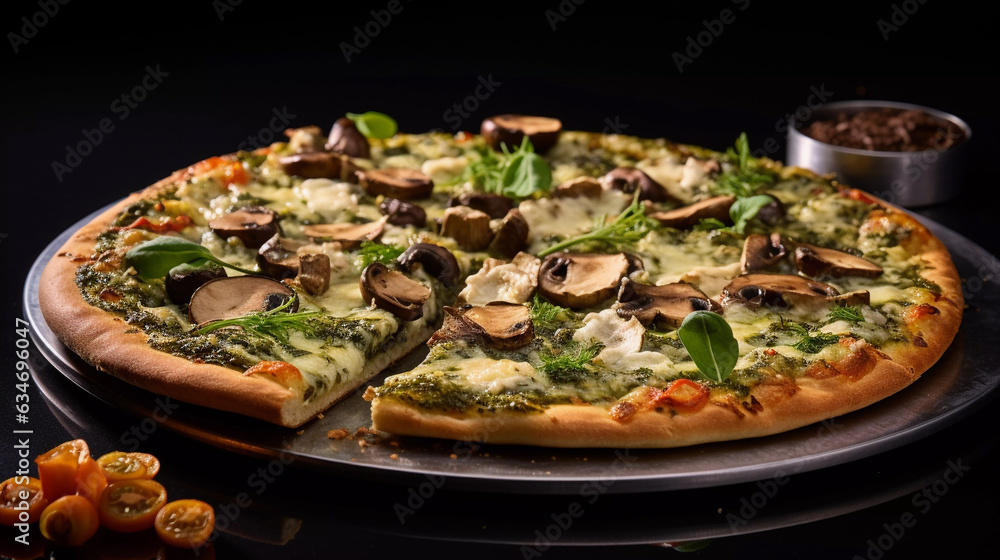 appetizing vegetarian pizza, composed with cherry tomatoes, garlic cloves, tomato puree, basil leaves, ricotta, grated parmesan, dried oregano, pesto, mushrooms as toppings