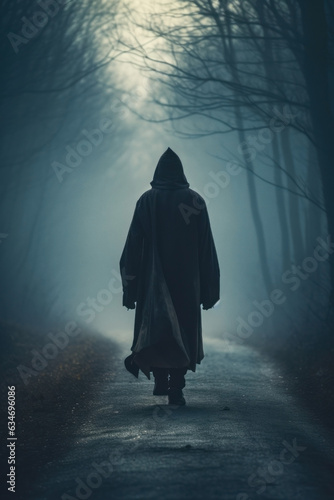 cloaked mysterious human figure walking a foggy forest path. 