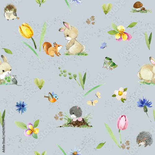 Woodland Animals watercolor forest illustration baby seamless pattern