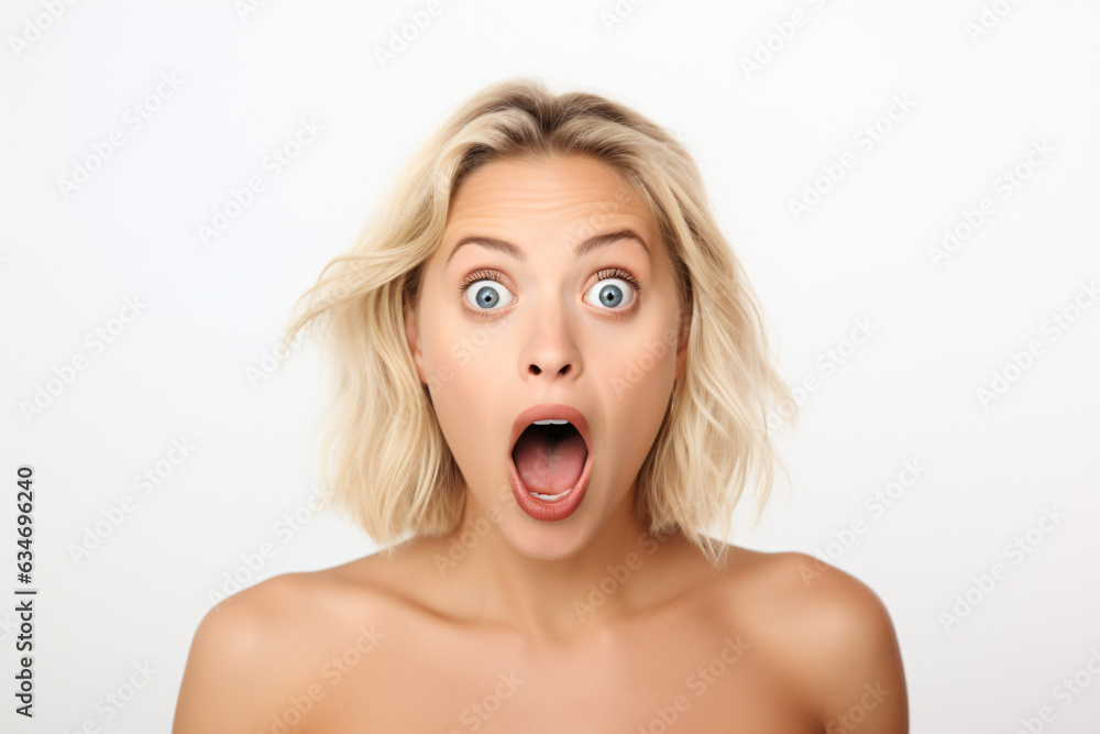 A stunning blonde woman displaying an expression of shock and surprise, with her mouth agape and eyes wide open. Isolated on a white background.

Generative AI.