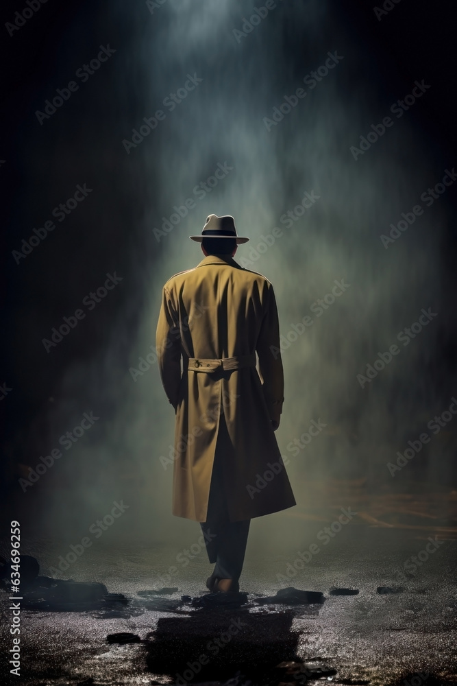 mysterious Noire film style man wearing a long pea coat and fedora. private detective. retro gangster, mafia concept. 