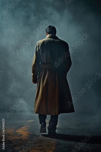 mafia, mob, gangster, private detective man walking with his hand in his pocket. rear view. foggy night background. private detective.