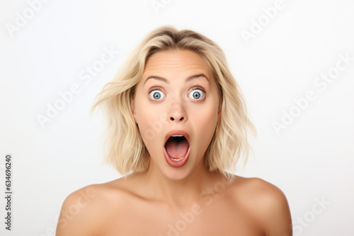 A stunning blonde woman displaying an expression of shock and surprise, with her mouth agape and eyes wide open. Isolated on a white background.Generative AI.