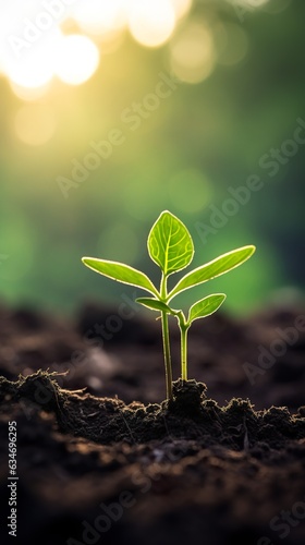 young small plant leaves in ground, new life concept, green leaf growth, generative ai