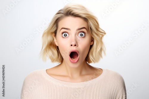 A stunning blonde woman displaying an expression of shock and surprise, with her mouth agape and eyes wide open. Isolated on a white background.Generative AI.
