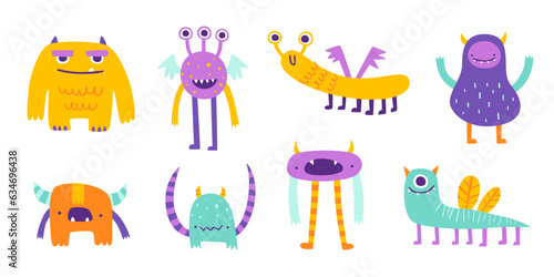 Fototapeta Naklejka Na Ścianę i Meble -  Set of cute doodle monsters. Vector collection of friendly beasts for kids. Bright cartoon monsters bundle.