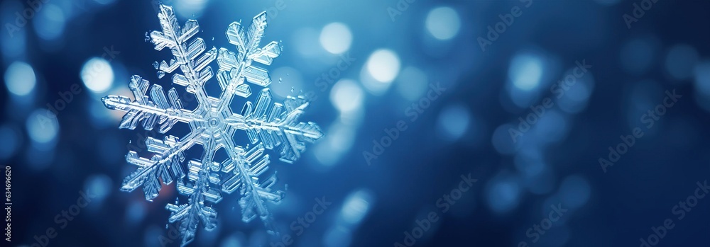 Snowflake macro, blurred background, copy space. Created using generative AI technology. Snowflake macro, blurred background, copy space. Created using generative AI technology.