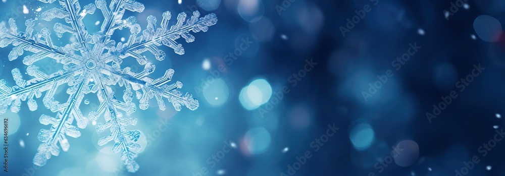 Snowflake macro, blurred background, copy space. Created using generative AI technology. Snowflake macro, blurred background, copy space. Created using generative AI technology.