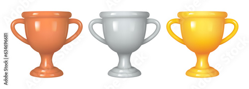 Trophy cup golden, silver and bronze prize 3D set in realistic style. Vector illustration of winner prize, sport award, success concept. Competition, tournament and championship goblet