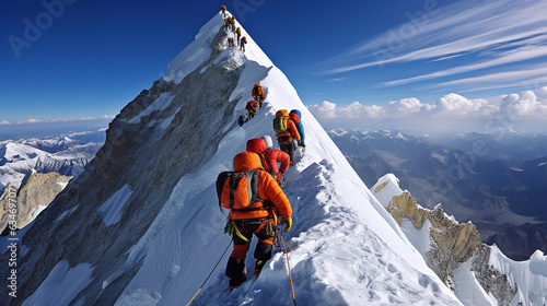 The climbers descending after a successful summit, their figures against the backdrop of Everest's grandeur  photo