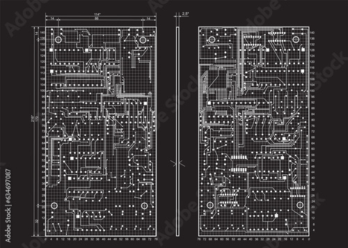Vector technical drawing.
Wiring of the conductors of the printed circuit board of an  electronic device. Design documentation.
