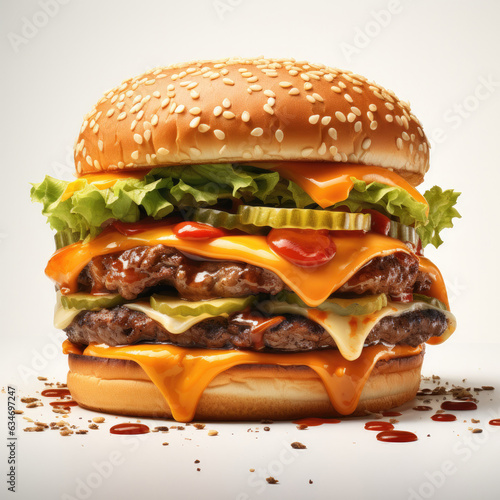 Burger with cheese and lettuce on a white background