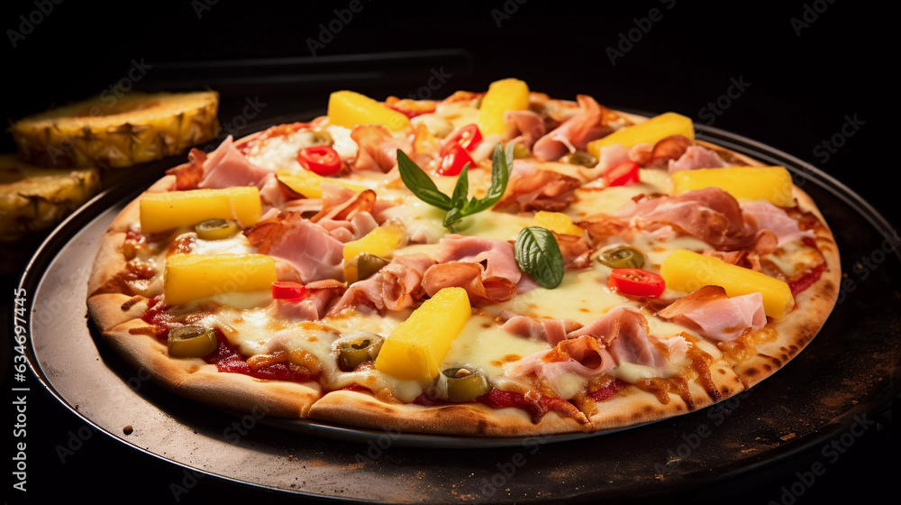 appetizing hawaiian pizza, composed with ham, grilled chicken, bacon, pineapple, green peppers, onions, yellow sauce, mozzarella cheese, ricotta, grated parmesan as toppings appetizing hawaiian pizza, composed with ham, grilled chicken, bacon, pineapple, green peppers, onions, yellow sauce, mozzarella cheese, ricotta, grated parmesan as toppings