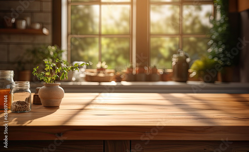 Wooden clean table, The sun shines through the window.