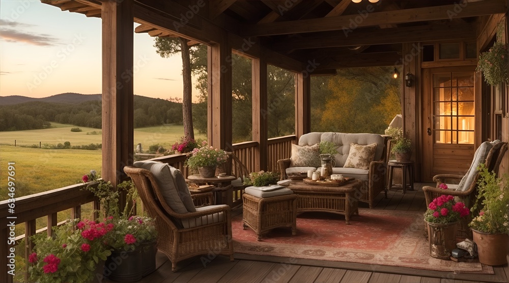 Fototapeta premium Cozy country porch on a ranch in the garden