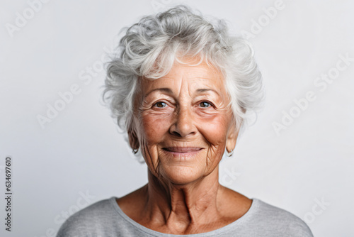 Close-up portrait of an elderly African American woman with gray hair, studio shot, isolated on white background. Generative AI.