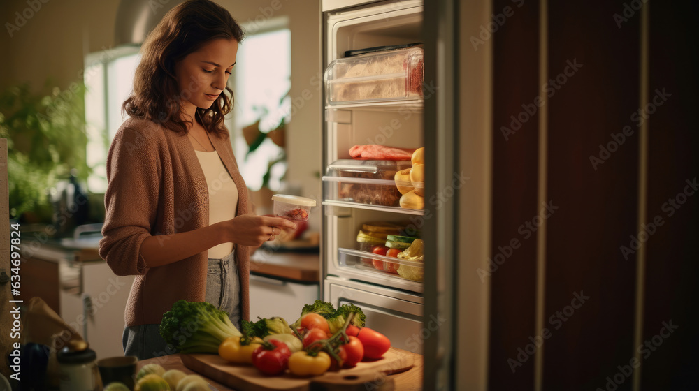 A woman lifts a frozen lunch box from the refrigerator. Frozen lunch box from the fridge