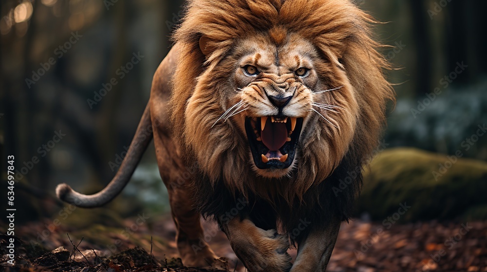 angry lion showing his fangs - obrazy, fototapety, plakaty 