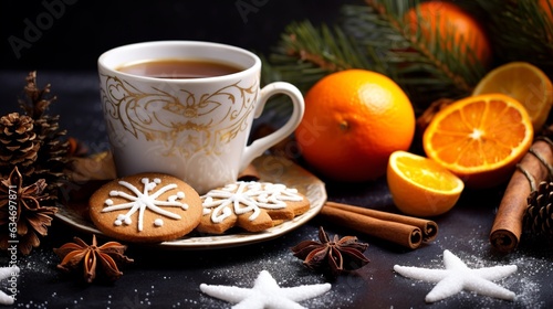 Christmas still life with a cup of coffee or tea and cookies, Generative AI © AIExplosion