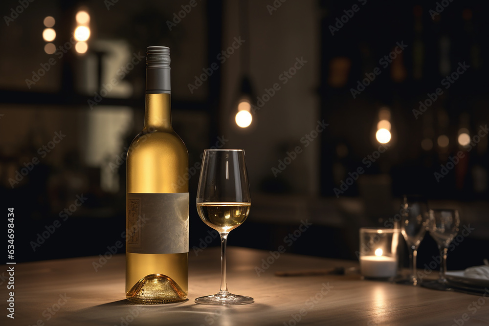 A glass of white wine and a bottle of wine 