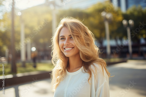 A close-up portrait photo of a lovely blonde woman smiling with flawless white teeth against a city nature background. Utilized for a dental advertisement.Generative AI.
