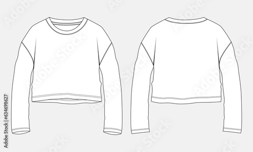 Long sleeve t shirt tops blouse technical drawing fashion flat sketch vector illustration template for ladies