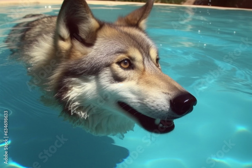 a wolf swimming in a pond