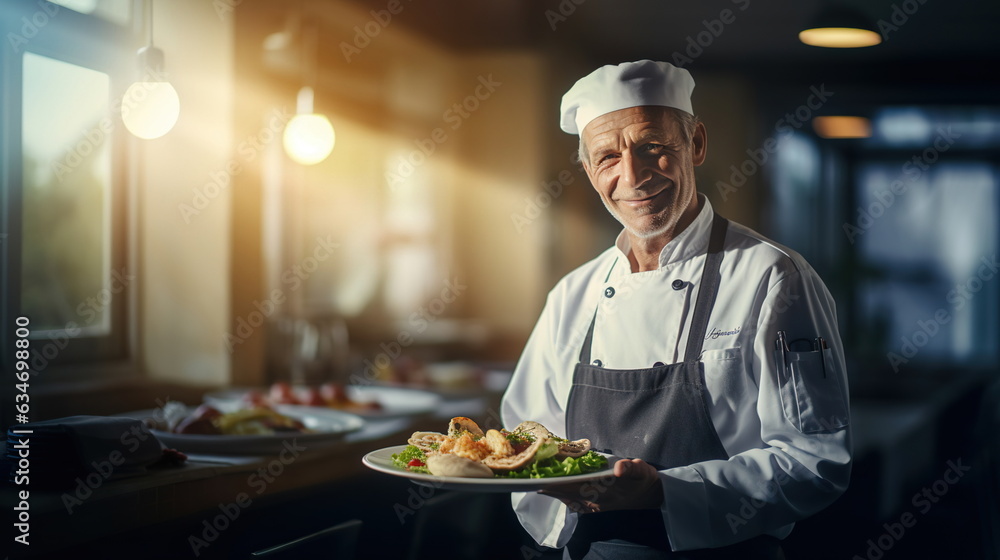 Chef: A skilled chef in a bustling kitchen, wearing a chef's hat and uniform, holding a plate with an artfully arranged dish Chef: A skilled chef in a bustling kitchen, wearing a chef's hat and uniform, holding a plate with an artfully arranged dish