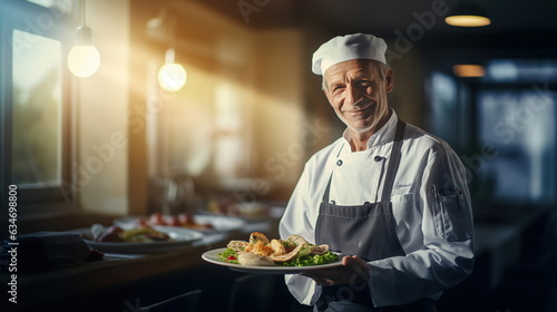 Chef: A skilled chef in a bustling kitchen, wearing a chef's hat and uniform, holding a plate with an artfully arranged dish