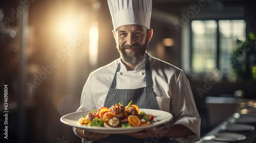 Chef: A skilled chef in a bustling kitchen, wearing a chef's hat and uniform, holding a plate with an artfully arranged dish