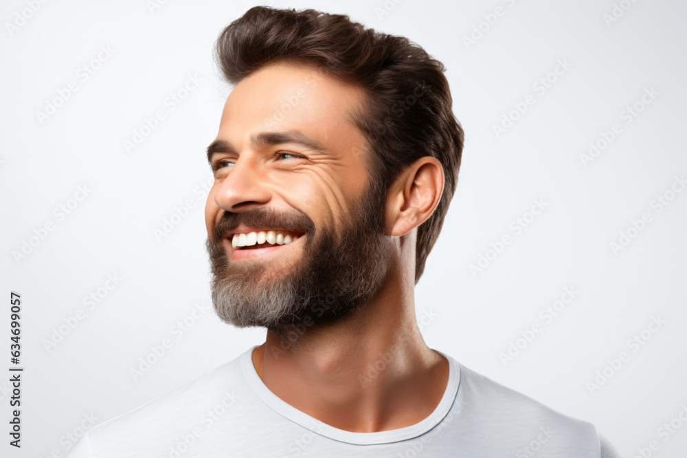 A close-up portrait of an attractive man showcasing a bright smile with pristine teeth, utilized for a dental advertisement. The individual features a modern, stylish haircut and beard
Generative AI A close-up portrait of an attractive man showcasing a bright smile with pristine teeth, utilized for a dental advertisement. The individual features a modern, stylish haircut and beard
Generative AI