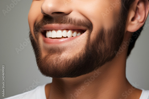  A close-up portrait of an attractive man showcasing a bright smile with pristine teeth, utilized for a dental advertisement. The individual features a modern, stylish haircut and beard Generative AI