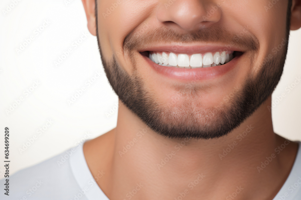 Obraz premium A close-up portrait of an attractive man showcasing a bright smile with pristine teeth, utilized for a dental advertisement. The individual features a modern, stylish haircut and beard Generative AI