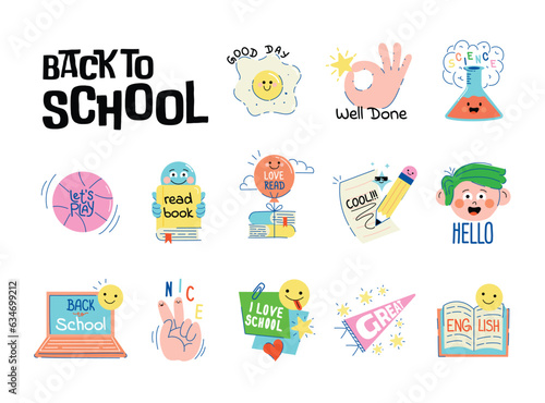 Collection of School stickers or badges with happy faces, school supplies and different decoration elements. Vector set