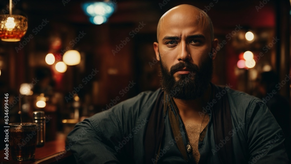 A bearded man enjoying a drink at a bar A bearded man enjoying a drink at a bar
