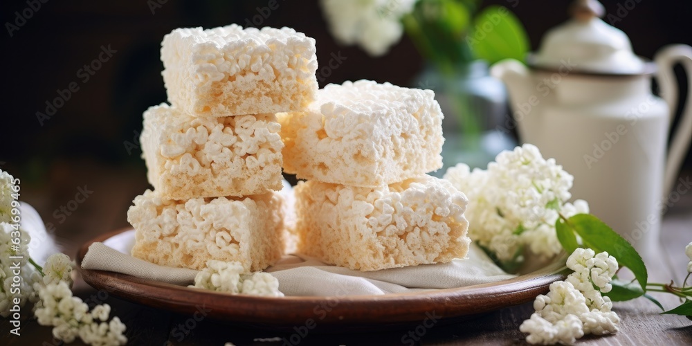 batch of fresh rice krispie treats, neatly cut and stacked on a vintage