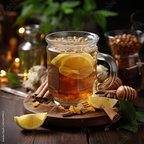 Hot tea with honey, lemon and ginger for cough remedy on wooden table, made by ai