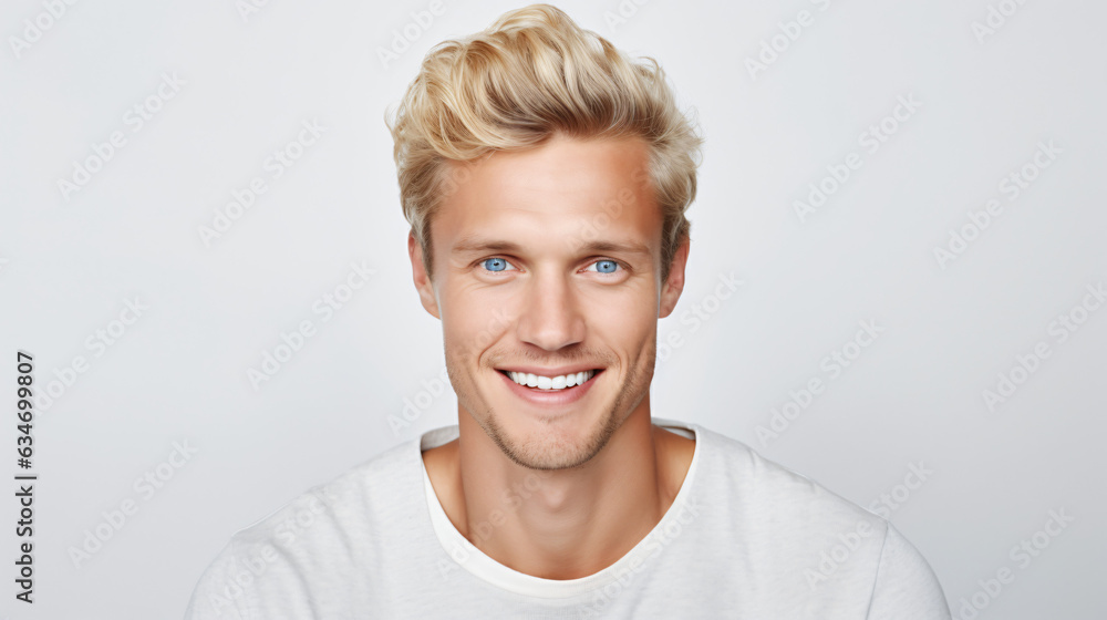 A close-up portrait photograph of an attractive blonde Scandinavian man grinning, showcasing his immaculate teeth, intended for a dental advertisement. Trendy hairstyle. Generative AI A close-up portrait photograph of an attractive blonde Scandinavian man grinning, showcasing his immaculate teeth, intended for a dental advertisement. Trendy hairstyle. Generative AI
