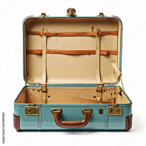 Opened empty traveler suitcase, isolated on white, made by ai