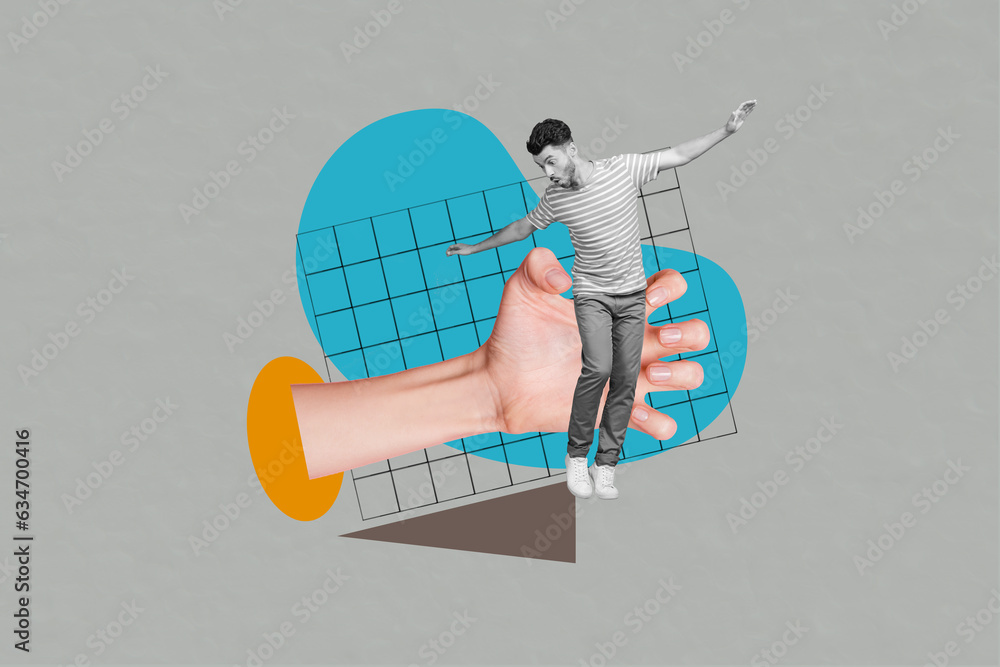 Picture comics magazine collage of huge arm catch hold worried nervous guy trap shock problem