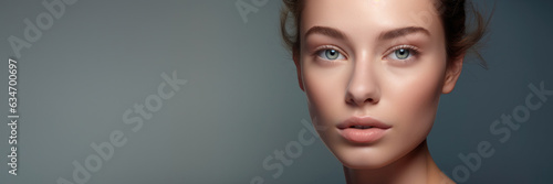 Close-up beauty portrait of a young woman on a neutral background