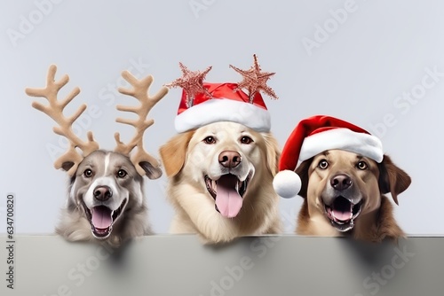 banner close-up hide three dogs pet celebrating christmas