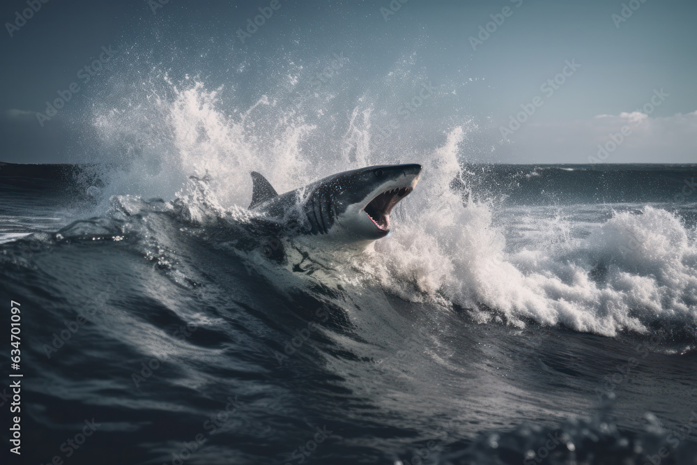 Fototapeta premium A great white shark jumps out of the water, jaws open wide and ready for action. An iconic image of fear and danger. AI Generative.