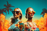 pop art collage of two model girls with big  sunglasses on a palm tree summer beach vibe background, colorful abstract  holidays theme concept