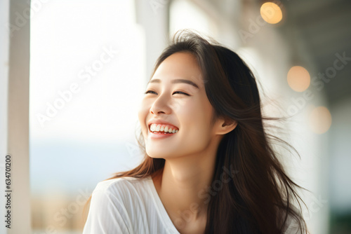 A close-up shot of a radiant young Asian woman, smiling with impeccable teeth. Designed for a dental promotion. With a white background. Crafted following the rule of thirds. Generative AI.