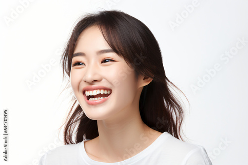 A close-up shot of a radiant young Asian woman, smiling with impeccable teeth. Designed for a dental promotion. With a white background. Crafted following the rule of thirds. Generative AI. © Nico Vincentini