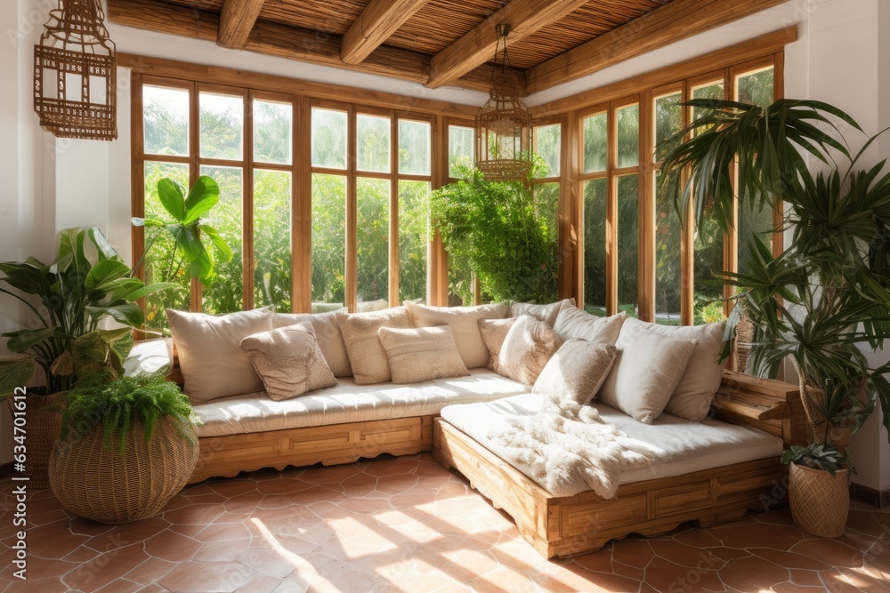 Beautiful Mediterranean interior design with a large sofa, green plants, cozy wooden elements, and bamboo blinds that filter sunlight. - obrazy, fototapety, plakaty 