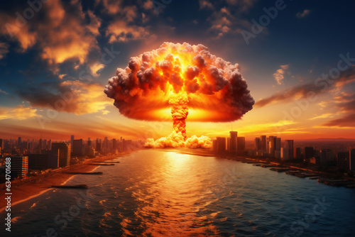Nuclear explosion against the backdrop of a large city on the sea or ocean. Sunset. Apocalypse. War. Nuclear threat. Third World War.